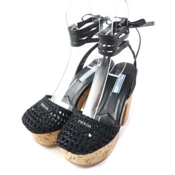 Prada Sandals 1Xz753 Fabric, Leather Black Ruffia Sandals/Wedge Sandals Triangle Logo Lace-Up