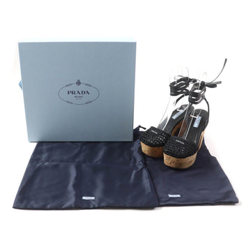 Prada Sandals 1Xz753 Fabric, Leather Black Ruffia Sandals/Wedge Sandals Triangle Logo Lace-Up