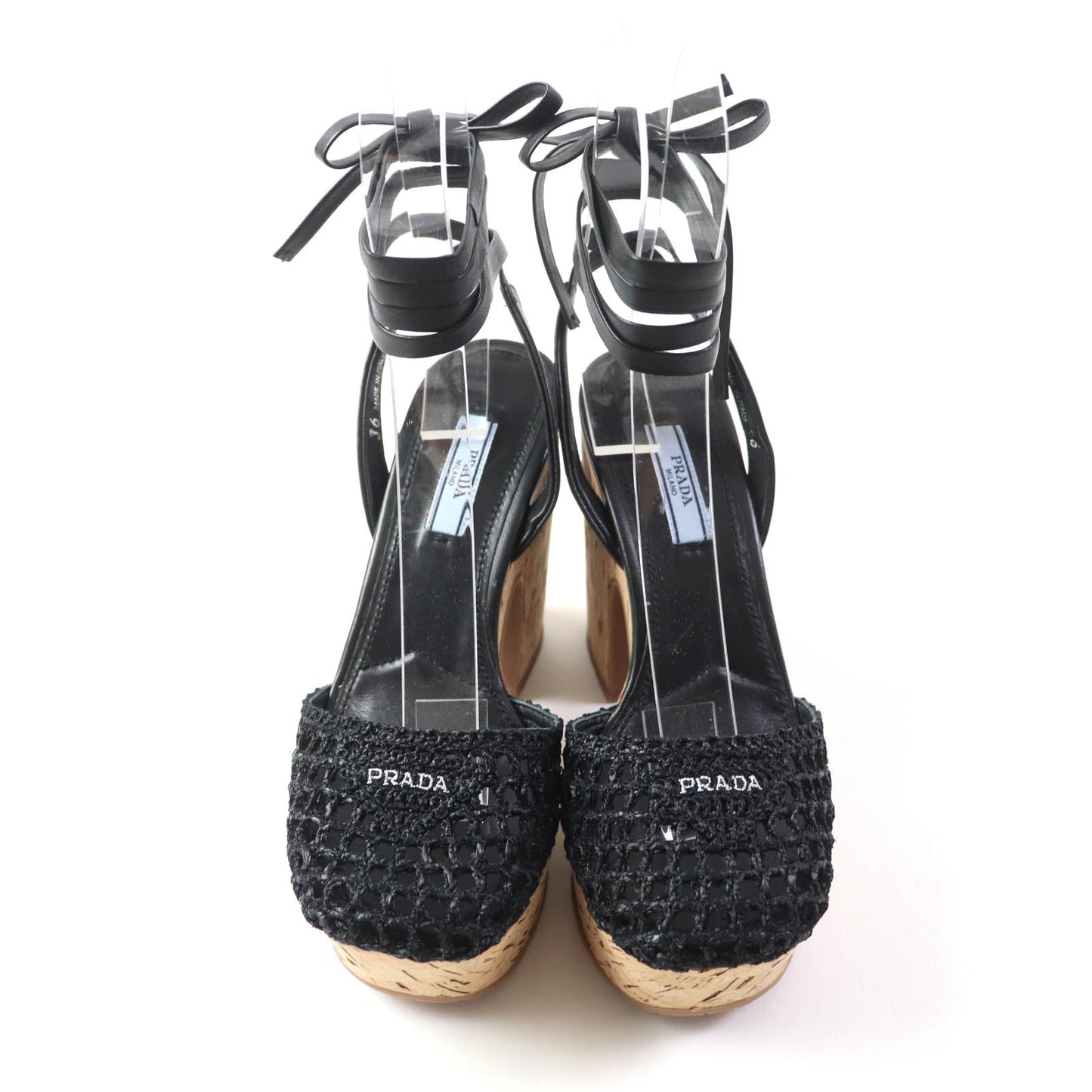 Prada Sandals 1Xz753 Fabric, Leather Black Ruffia Sandals/Wedge Sandals Triangle Logo Lace-Up