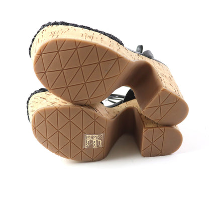 Prada Sandals 1Xz753 Fabric, Leather Black Ruffia Sandals/Wedge Sandals Triangle Logo Lace-Up