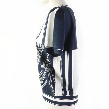 Hermes Short Sleeve Knit 4E2654D6 Silk Navy White Knit Jacquard Chaos Women 42
