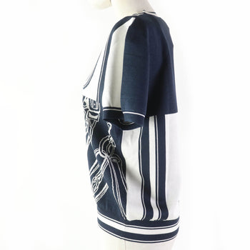 Hermes Short Sleeve Knit 4E2654D6 Silk Navy White Knit Jacquard Chaos Women 42