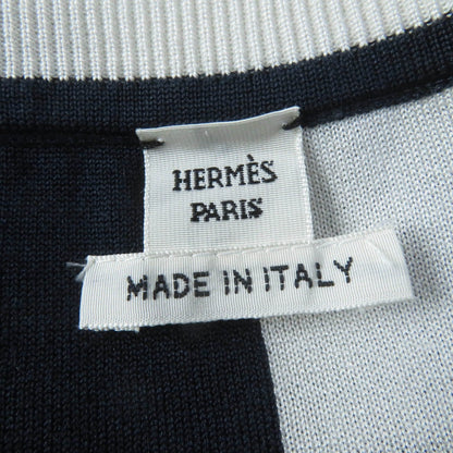 Hermes Short Sleeve Knit 4E2654D6 Silk Navy White Knit Jacquard Chaos Women 42