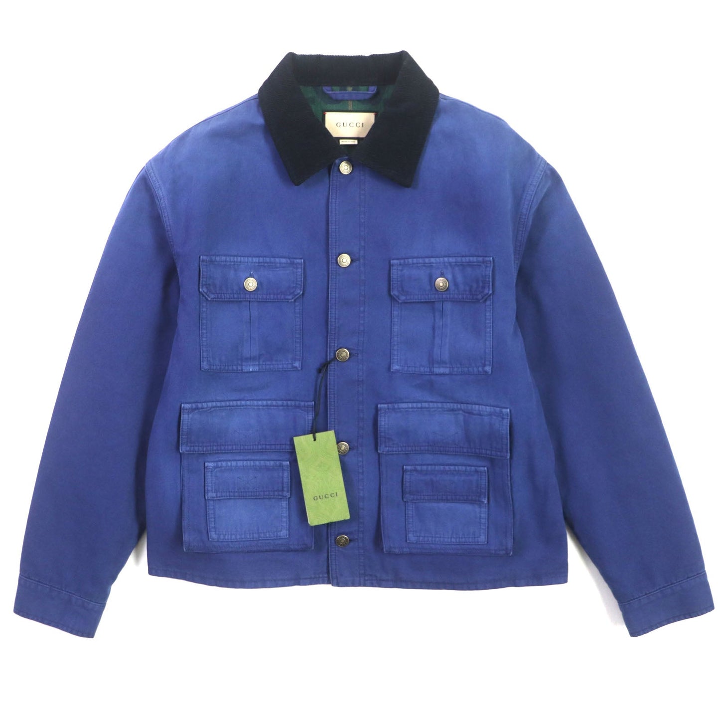 Gucci Blouson 709636 Xdb39 Cotton Blue Padded Jacket Corduroy Collar, Gg Check Pattern On The Back