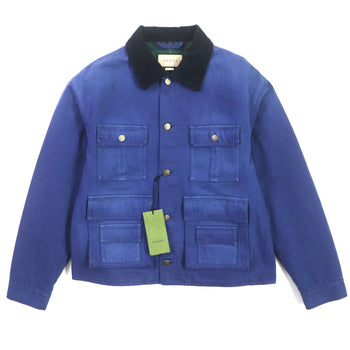 Gucci Blouson 709636 Xdb39 Cotton Blue Padded Jacket Corduroy Collar, Gg Check Pattern On The Back