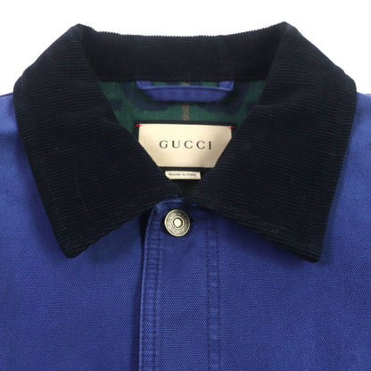 Gucci Blouson 709636 Xdb39 Cotton Blue Padded Jacket Corduroy Collar, Gg Check Pattern On The Back
