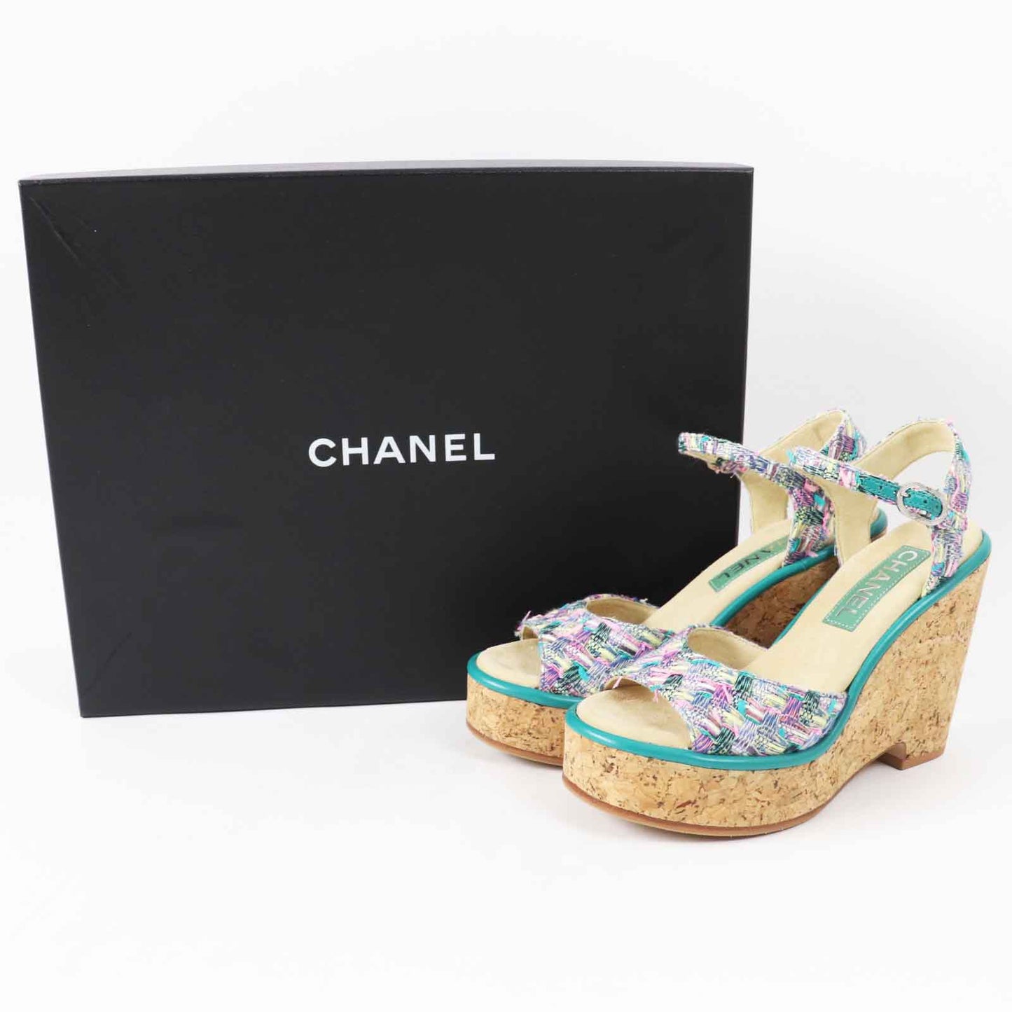 Chanel Sandals G39812 Tweed, Leather, Cork Multi Wedge Sole Women 37 1/2 C