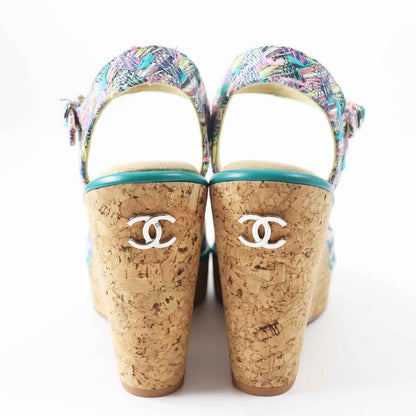 Chanel Sandals G39812 Tweed, Leather, Cork Multi Wedge Sole Women 37 1/2 C