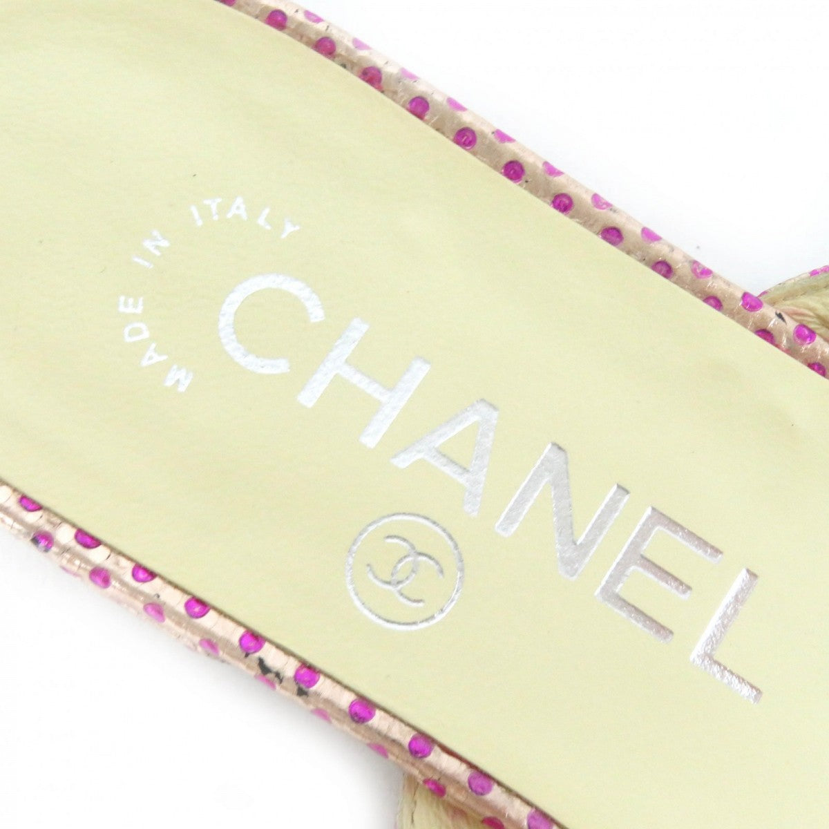 Chanel Mule Leather Pink Type Coco Markmetal Flat Sandals With Dot Pattern Chain Women 35 1/2