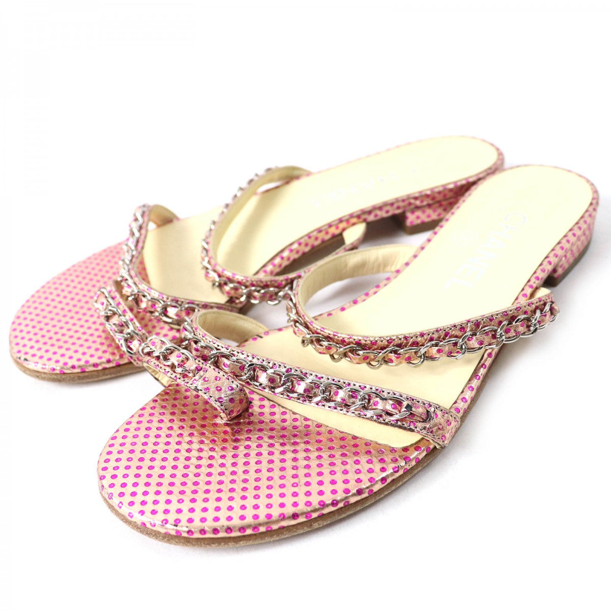 Chanel Mule Leather Pink Type Coco Markmetal Flat Sandals With Dot Pattern Chain Women 35 1/2