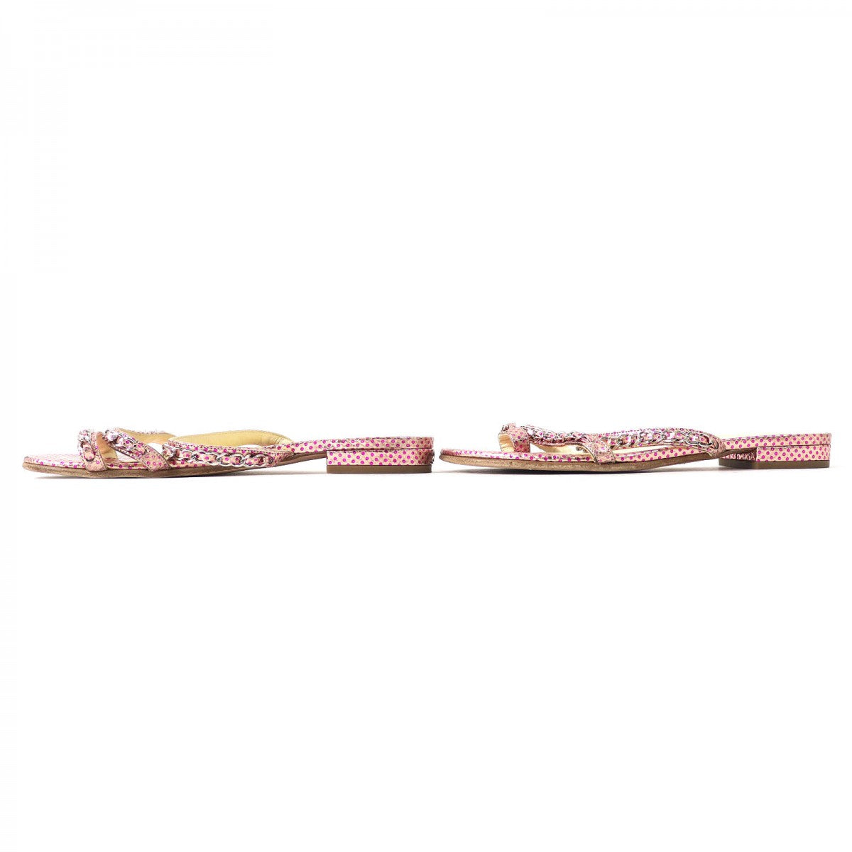 Chanel Mule Leather Pink Type Coco Markmetal Flat Sandals With Dot Pattern Chain Women 35 1/2