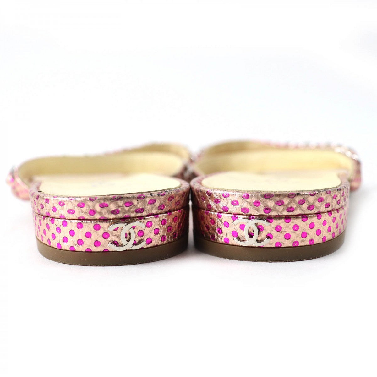 Chanel Mule Leather Pink Type Coco Markmetal Flat Sandals With Dot Pattern Chain Women 35 1/2