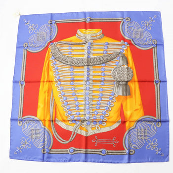 Hermes Scarf Silk Bl-Lavande F?Rouge Carre90 Galons Et Brandebourgs