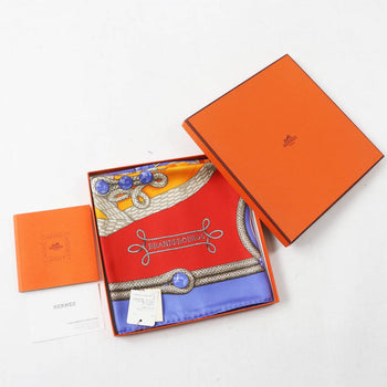 Hermes Scarf Silk Bl-Lavande F?Rouge Carre90 Galons Et Brandebourgs
