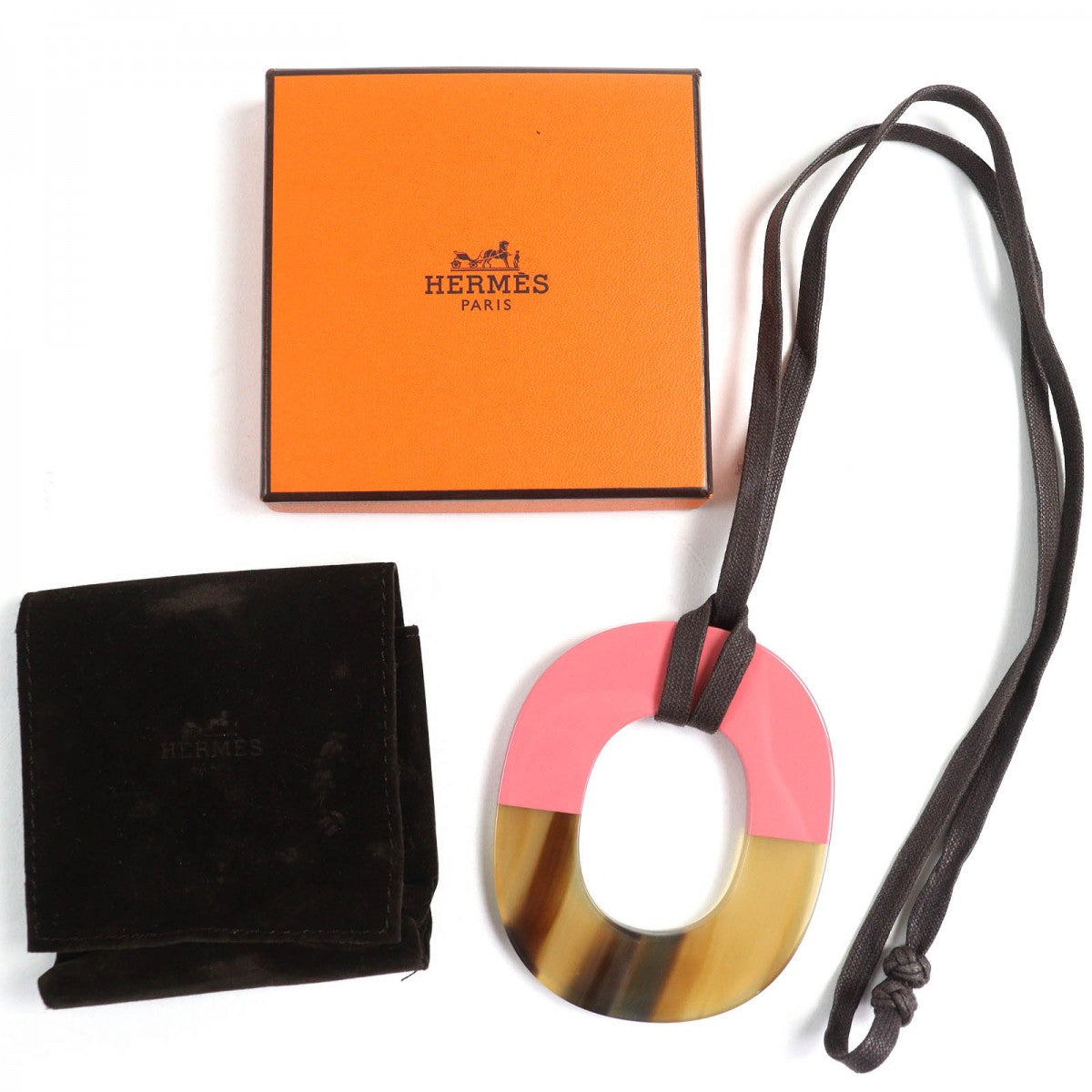 Hermes Necklace Buffalo Horn Wood Beige Pink Ism Bicolor