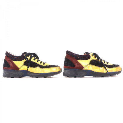 Chanel Sneakers G30422 Suede Leather Metallic Yellow Black Brown 35