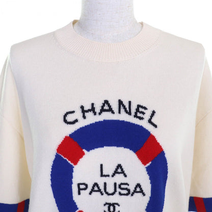 Chanel Short Sleeve Knit P60520 Cashmere Ivory Blue Red 38