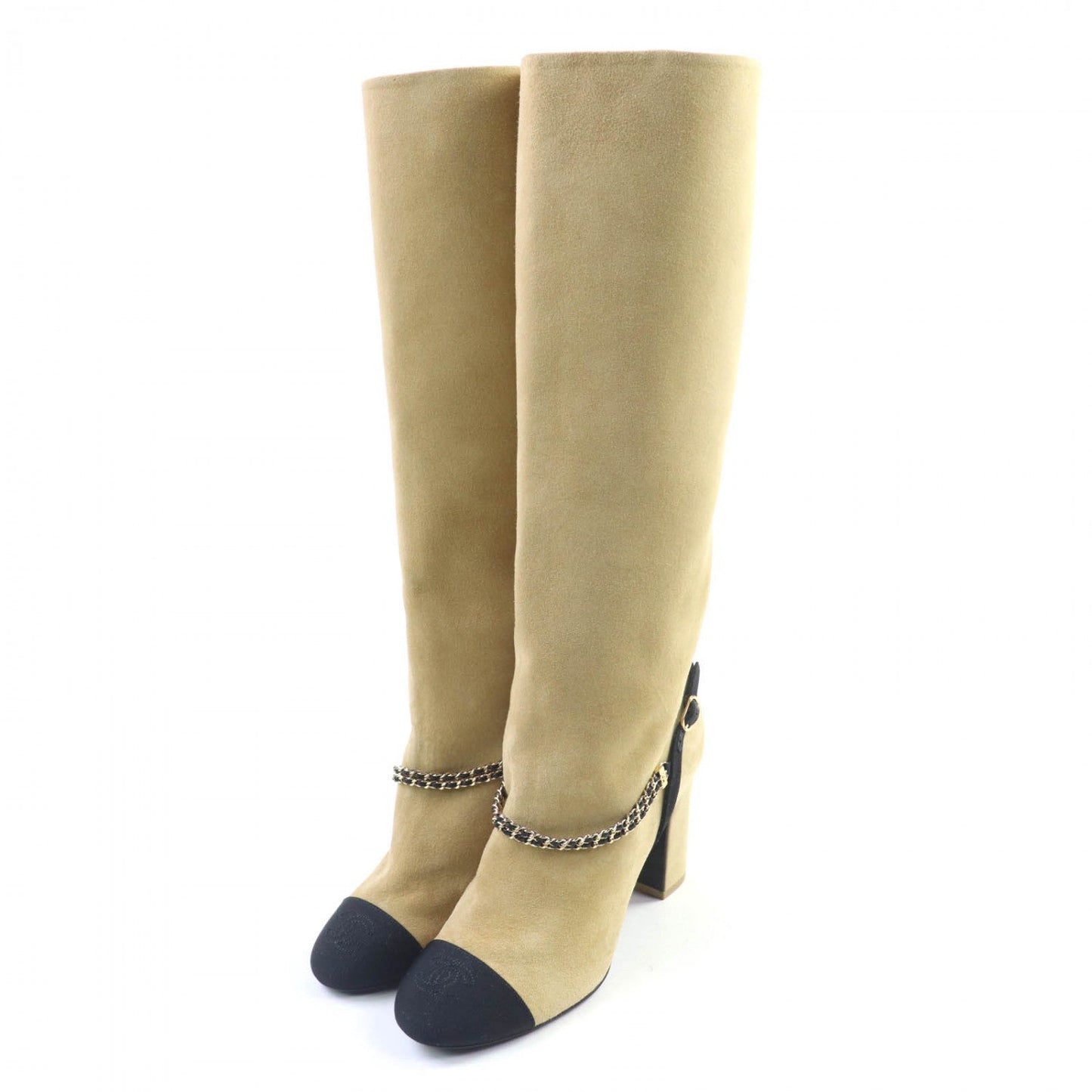 Chanel Knee-High Boots G45096 Suede Leather Beige Black 35.5