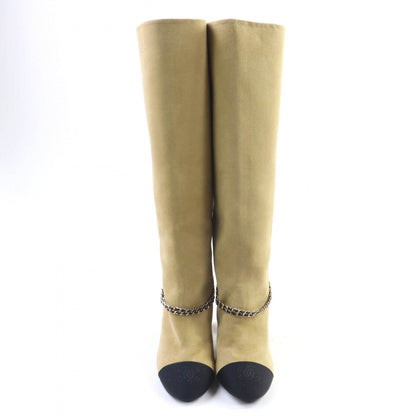 Chanel Knee-High Boots G45096 Suede Leather Beige Black 35.5