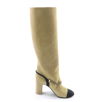 Chanel Knee-High Boots G45096 Suede Leather Beige Black 35.5
