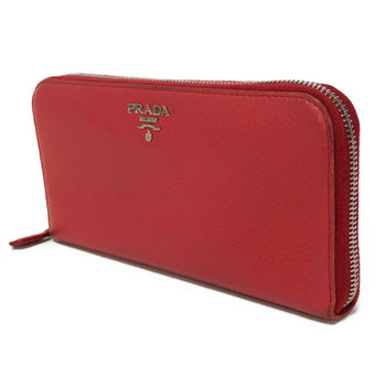 Prada Long Wallet Purse 1Ml506 2E8V F001 Calf Leather Rosso Red Zip Around Logo Metal Vitello