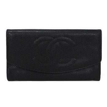 Chanel Long Wallet Purse A01434 Caviar Skin Black Coco Mark Cc Mark 4Th Series Vintage Big Coco