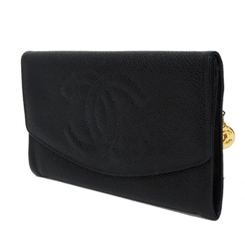 Chanel Long Wallet Purse A01434 Caviar Skin Black Coco Mark Cc Mark 4Th Series Vintage Big Coco