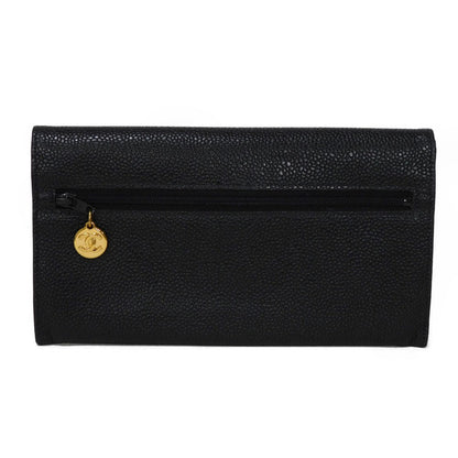 Chanel Long Wallet Purse A01434 Caviar Skin Black Coco Mark Cc Mark 4Th Series Vintage Big Coco