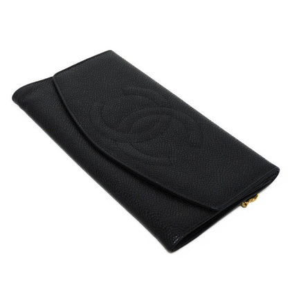 Chanel Long Wallet Purse A01434 Caviar Skin Black Coco Mark Cc Mark 4Th Series Vintage Big Coco