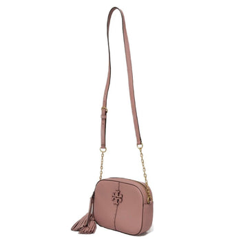 Tory Burch Shoulder Bag 64447 Pebble Leather (Embossed) Pink Tassel Fringe Chainshoulder Double T