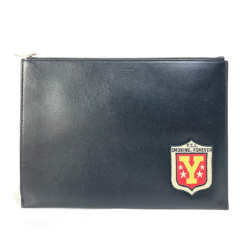 Saint Laurent Paris Clutch Bag 397295 Leather Black Pouch Logo Patch Mens