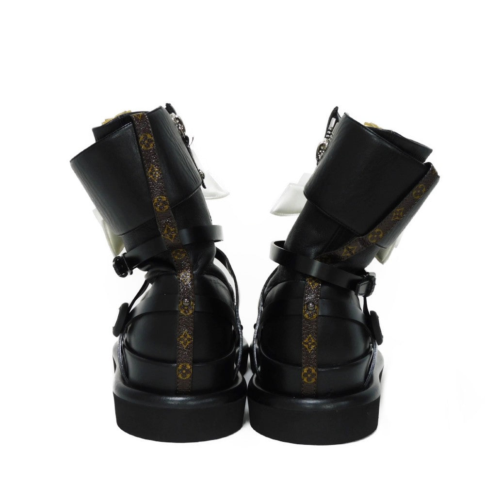 Louis Vuitton Boots 1A9C0F Lamb Leather X Calf Leather Noir 39 Lv Circle Ribbon Ankle Black Gold
