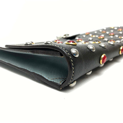 Prada Clutch Bag Vr074C Leather Black Safiano Bijou X Studs Unisex(Unisex)