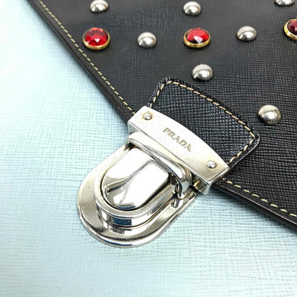 Prada Clutch Bag Vr074C Leather Black Safiano Bijou X Studs Unisex(Unisex)