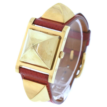 Hermes Watches Quartz Plated Gold , Leather Gold Medor White Dial Women