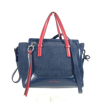 Salvatore Ferragamo Tote Bag Denim, Leather Blue Logo