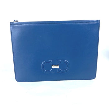 Salvatore Ferragamo Clutch Bag Leather Blue Gancini Mens
