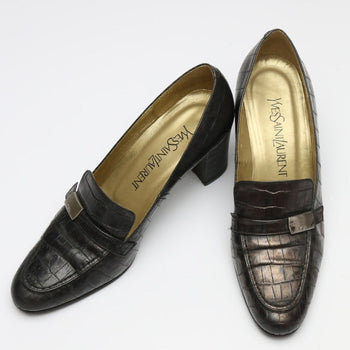 Yves Saint Laurent Pumps Leather Black Ysl Embossing Women 36