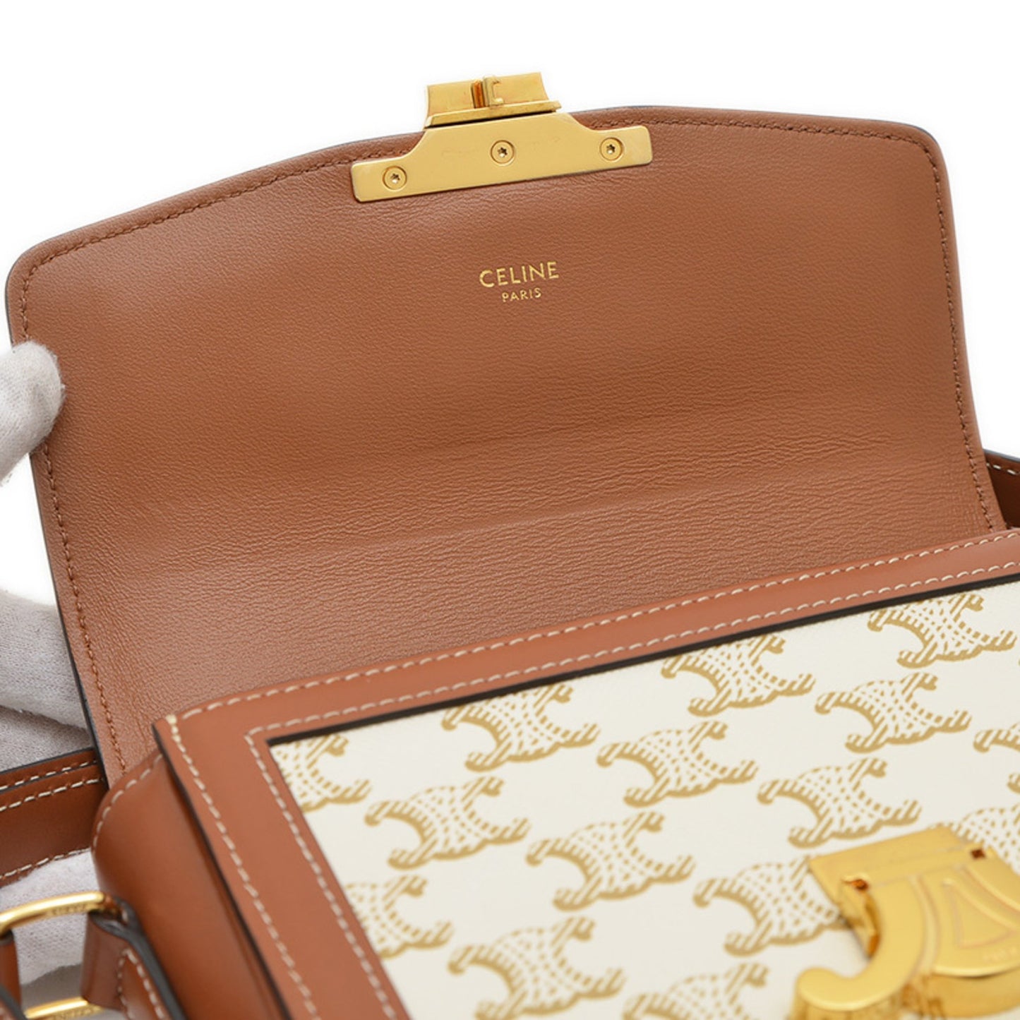 Celine Teen Triomphe Shoulder Bag Canvas Leather White Tan 188882 Bp