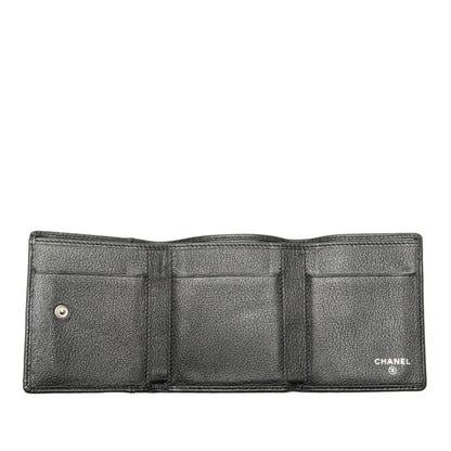 Chanel Camellia Coco Mark Tri-Fold Wallet Compact Black Lambskin