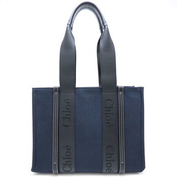 Chlo Chloe Woody Medium Tote Bag Chc22Ws383J27 Handbag Linen X Calf Deep Denim 352376