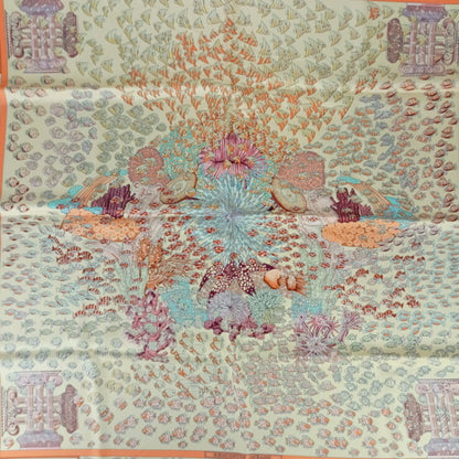 Hermes Scarf/Muffler Carre 90 Rencontre Oceane - Orange Multicolor 100% Silk