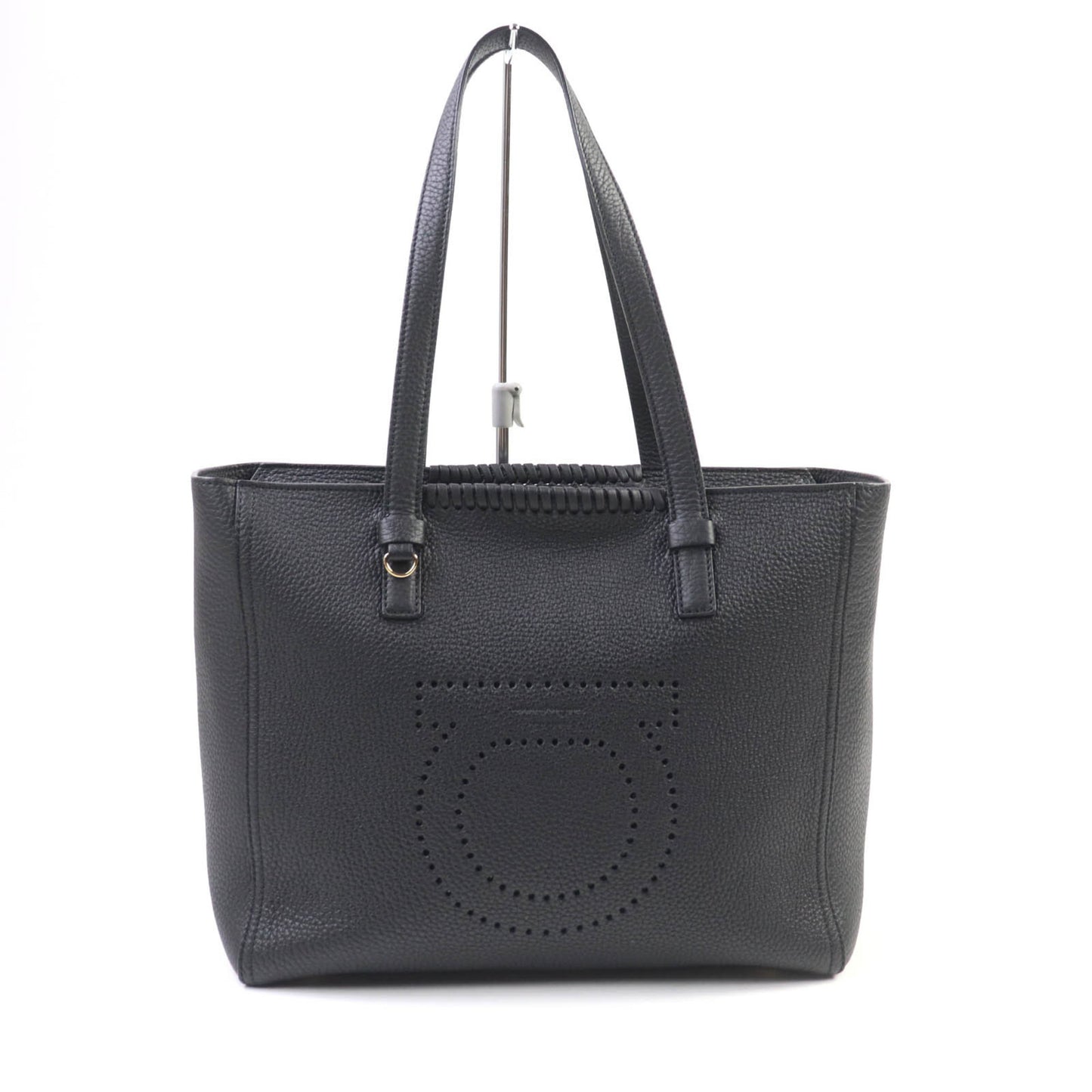 Salvatore Ferragamo 21 G714 Marta Nero Perforated Gancini Design Calf Leather Tote Bag With Dust Bag