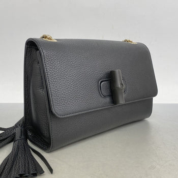 Gucci Bamboo Shoulder Bag 387611 Leather Black Champagne