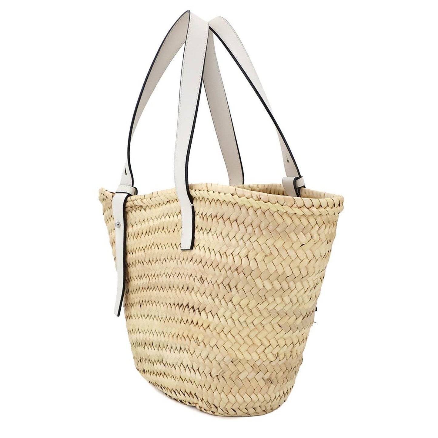 Loewe Basket Bag Tote Raffia Leather Natural Tan White Silver Hardware