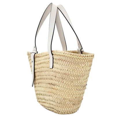 Loewe Basket Bag Tote Raffia Leather Natural Tan White Silver Hardware