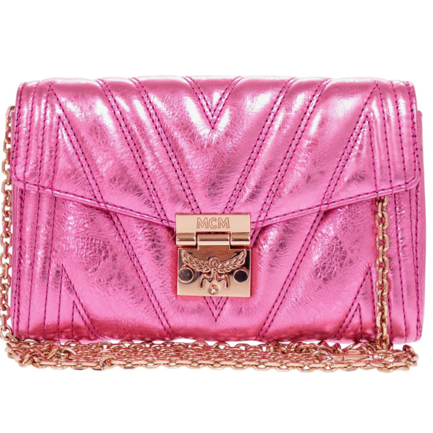 Like New Mcm Calfskin Metallic Pink Shoulder Bag With Gold Hardware And Chain Closure