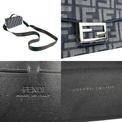 Fendi Shoulder Bag Handbag Baguette Soft Trunk Canvas Navy Silver