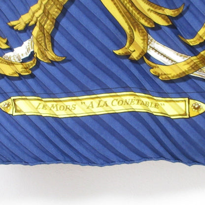 Hermes Le Mors A La Conetable Pleated Silk Scarf/Muffler In Navy