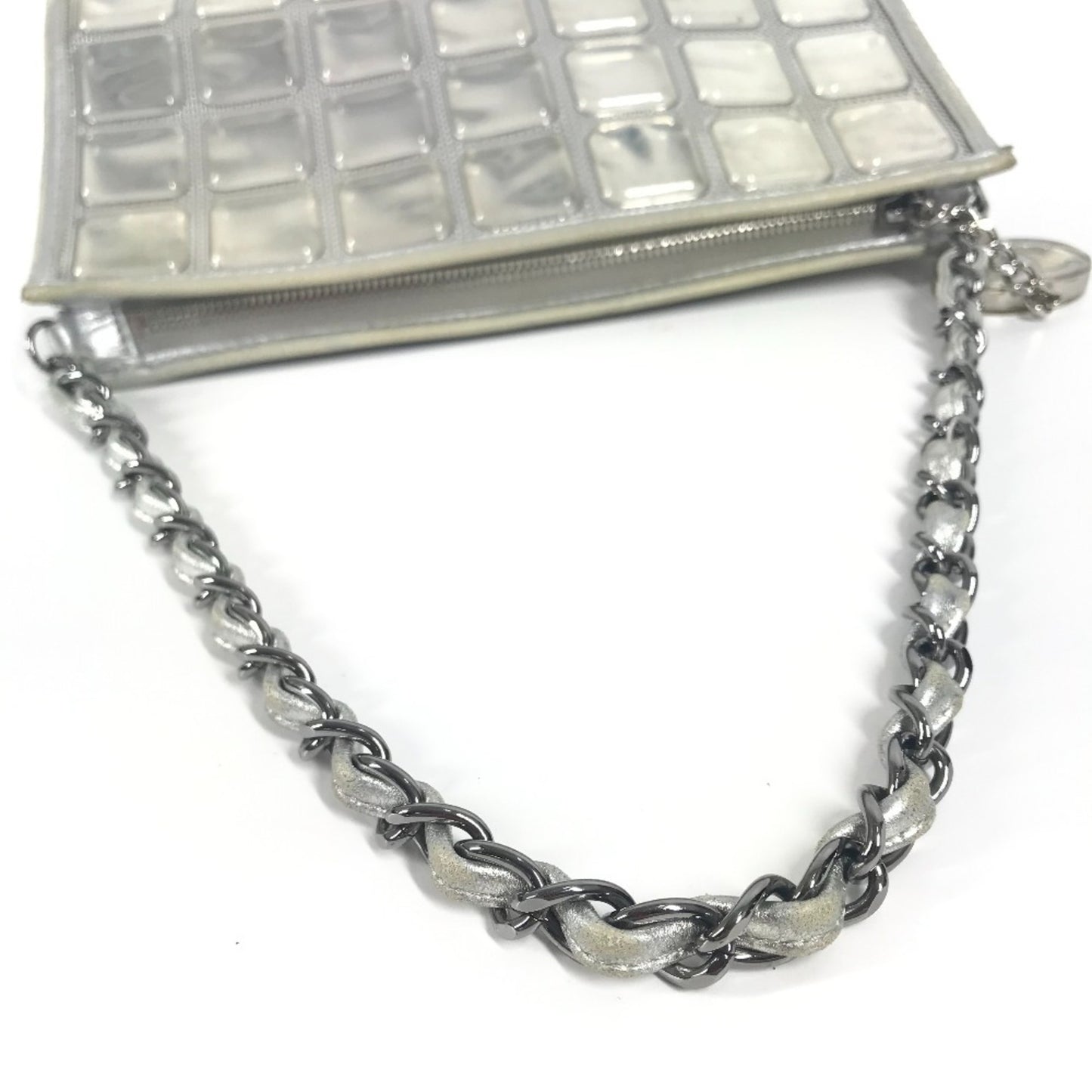 Chanel Cc Coco Mark Logo Ice Cube Chain Shoulder Bag In Silver Leather